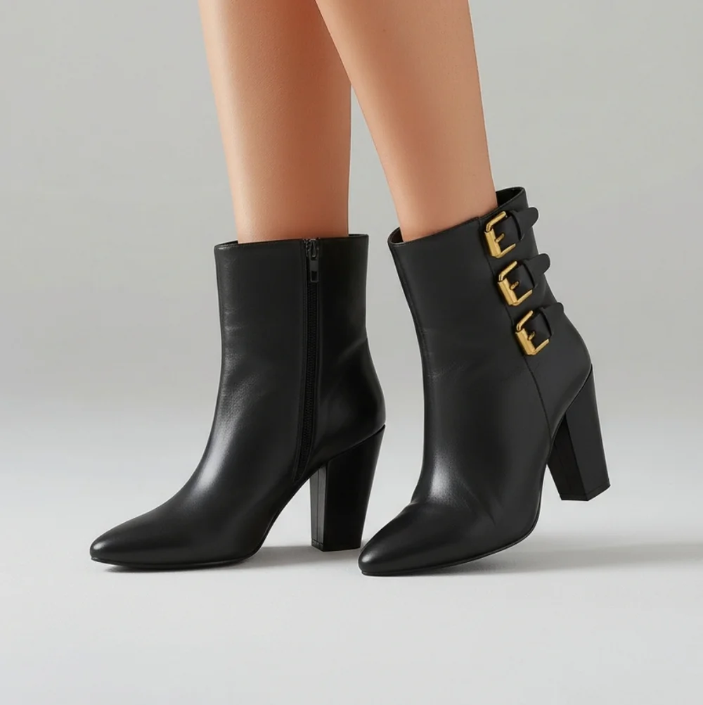 Rebecca Minkoff Black Ankle Boots with Gold Buckles - Picture 1 of 16